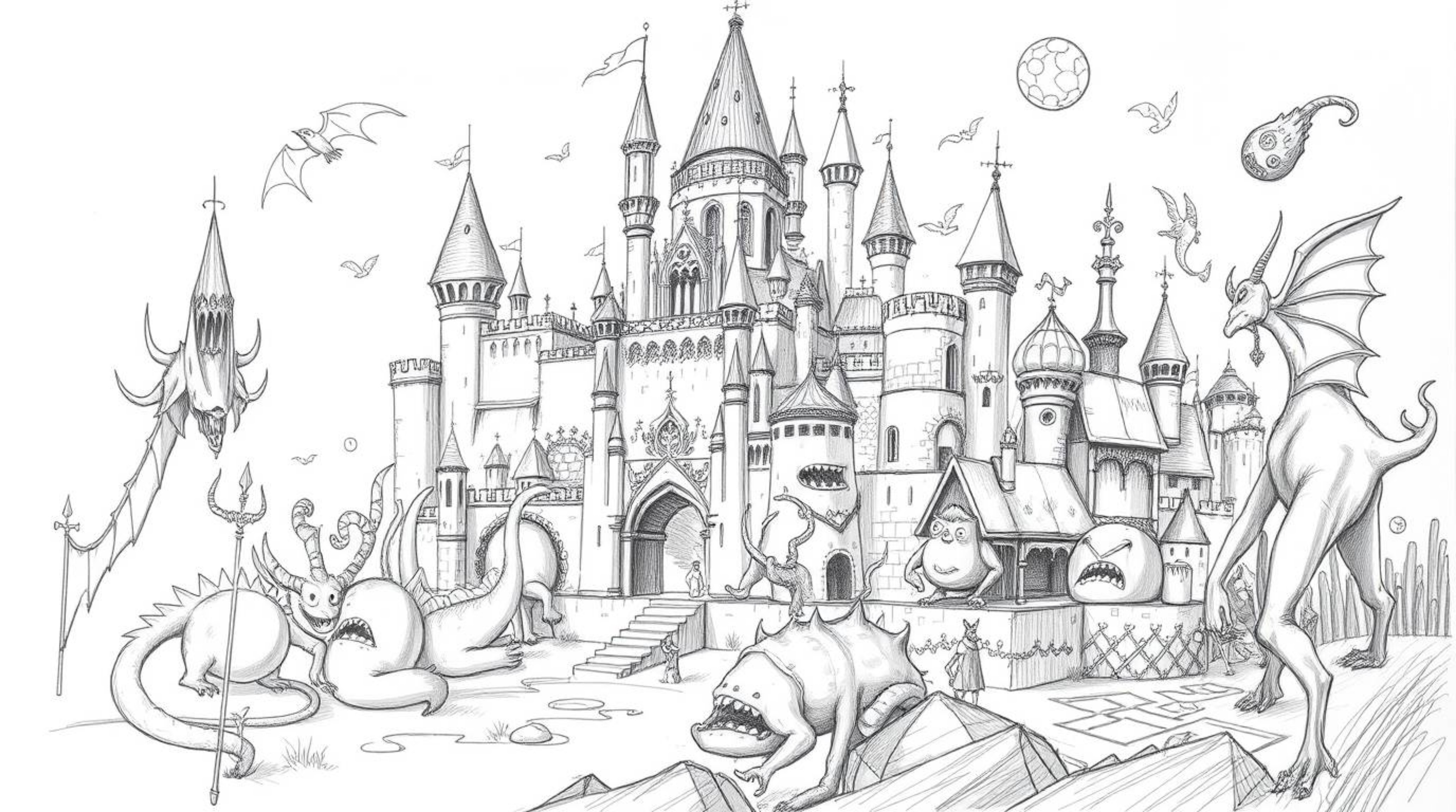 Explore a sprawling fantasy kingdom brought to life in a hand-drawn sketch, teeming with quirky magical creatures and heroic 