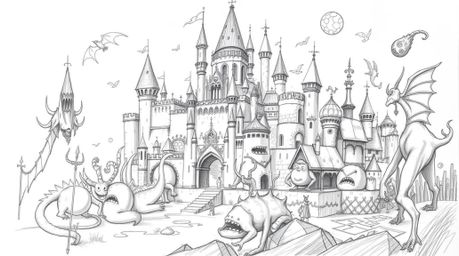 Explore a sprawling fantasy kingdom brought to life in a hand-drawn sketch, teeming with quirky magical creatures and heroic 