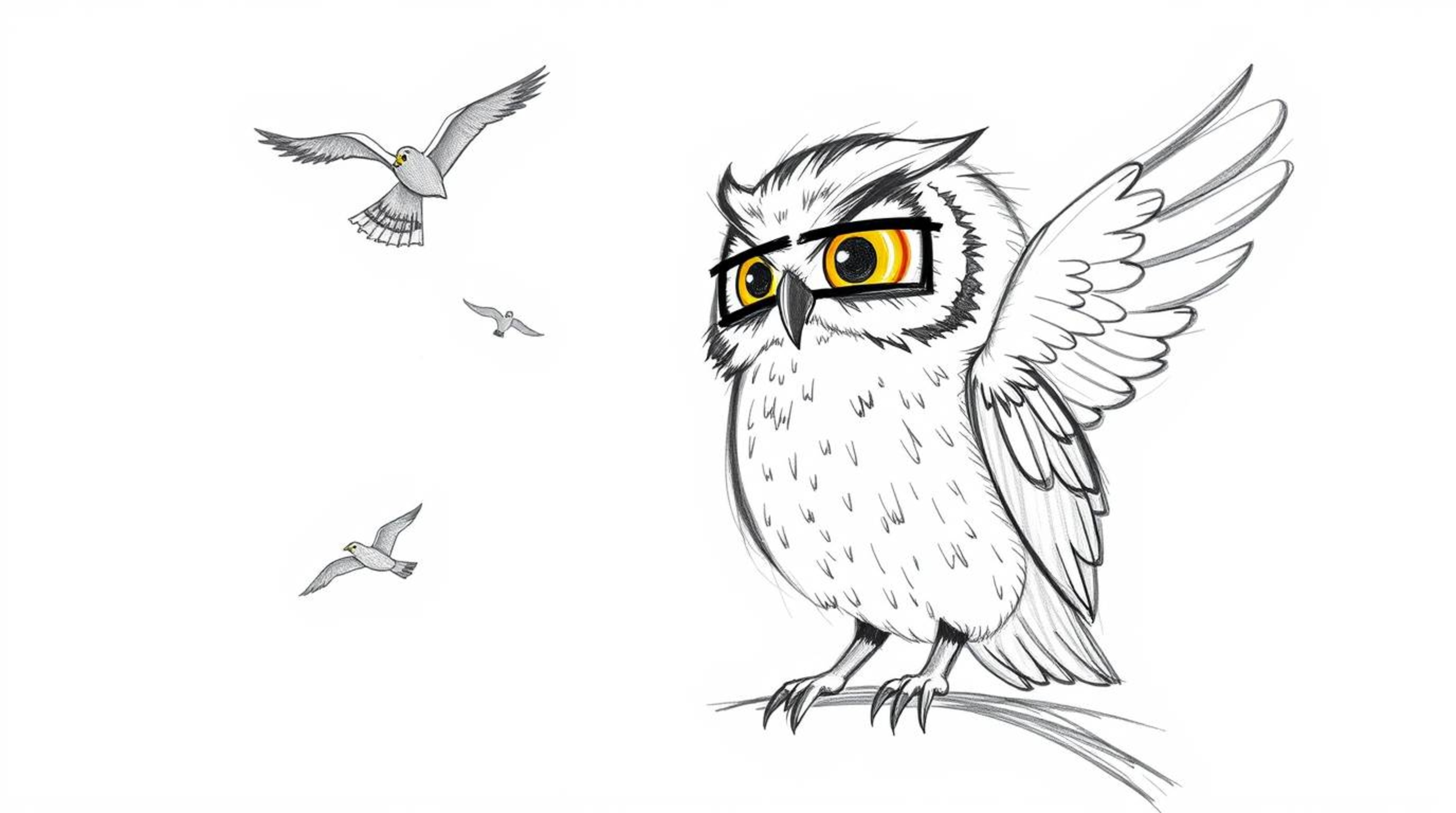 A heartwarming hand-drawn sketch in the iconic Pixar style depicts a blind owl with textured pencil strokes and rough lines,