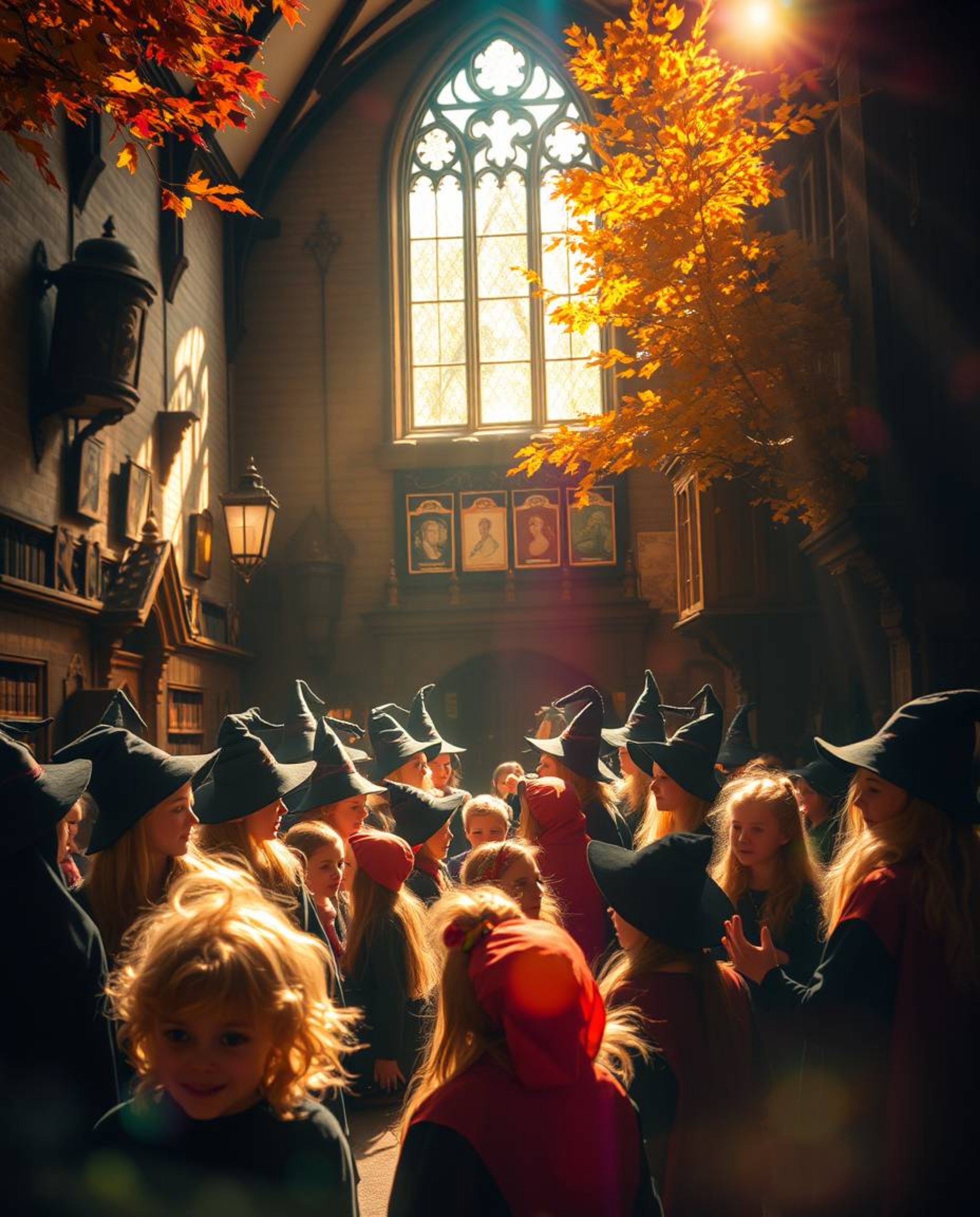 A magical school filled with young wizards is bathed in the warm glow of autumn colors and bright lens flares. The vibrant h