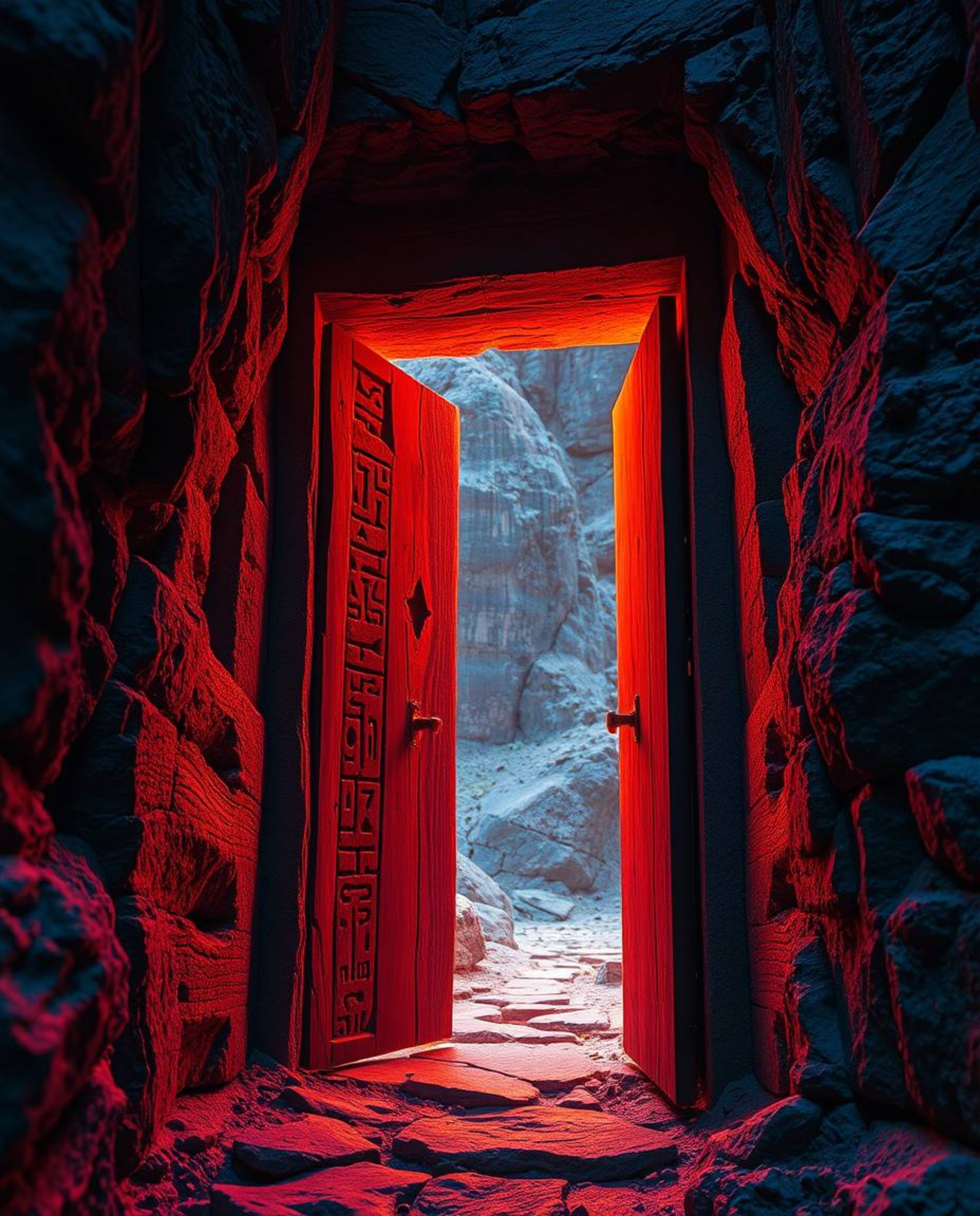 A stunning extreme macro close-up reveals the mesmerizing details of an ancient doorway embedded in a mountainside, illuminat