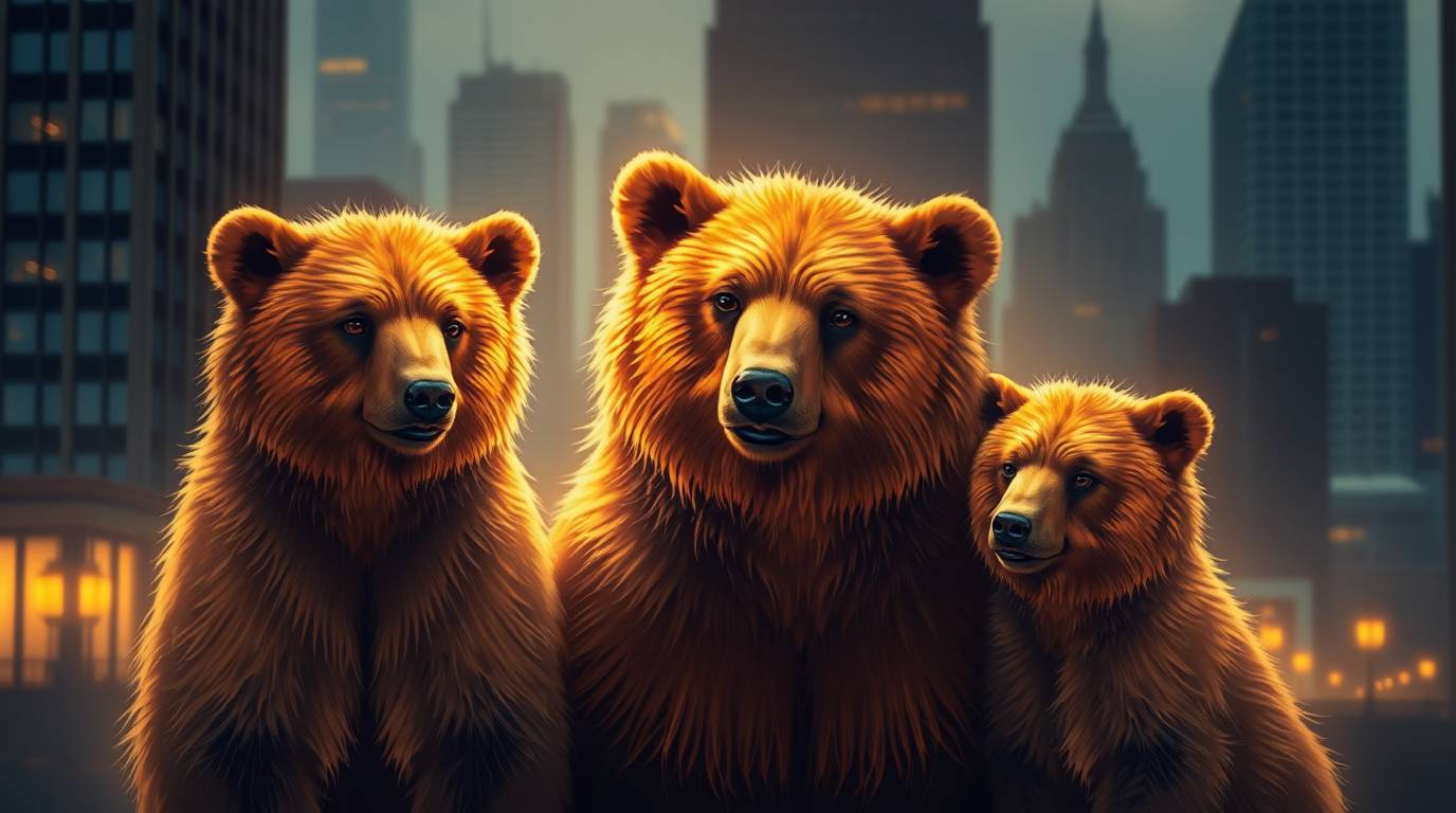 Witness a graceful and elegant bear family embarking on an urban adventure, bathed in a warm golden glow amidst a captivating