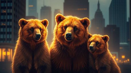 Witness a graceful and elegant bear family embarking on an urban adventure, bathed in a warm golden glow amidst a captivating