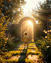 A captivating image depicts a child's wondrous discovery of a magical portal shimmering with a warm golden glow in their back