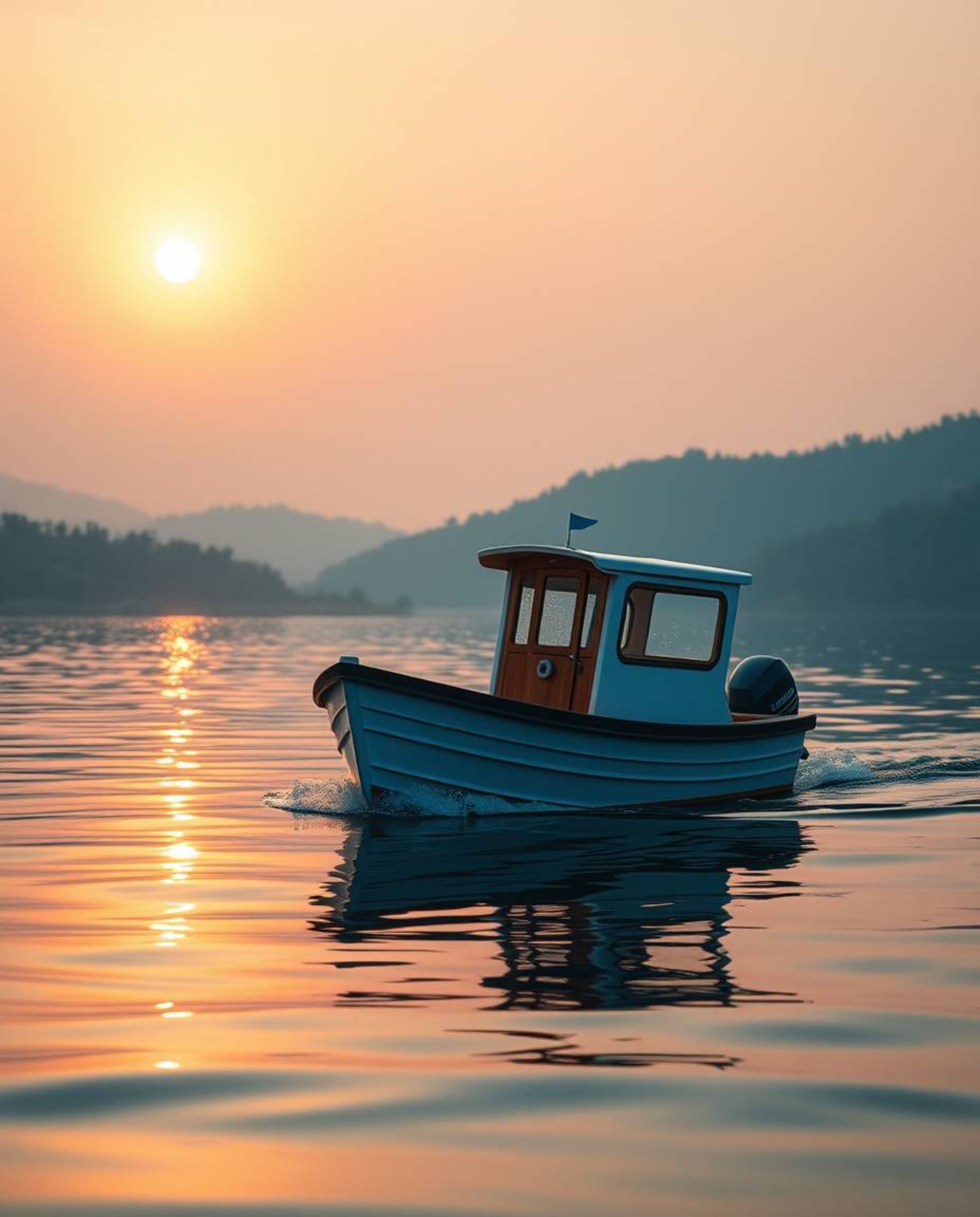 A charming and adorable boat is seen drifting on a lake at sunset, bathed in the warm, ethereal glow of the golden hour. The 