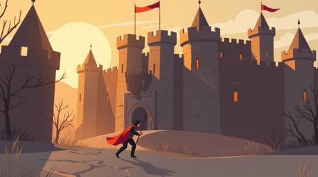 A thief attempts a daring infiltration into a heavily guarded castle rendered in a modern flat design style. Warm golden hour