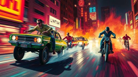 Experience a high-octane chase scene rendered in electric, vivid colors, showcasing exaggerated squash and stretch animation 