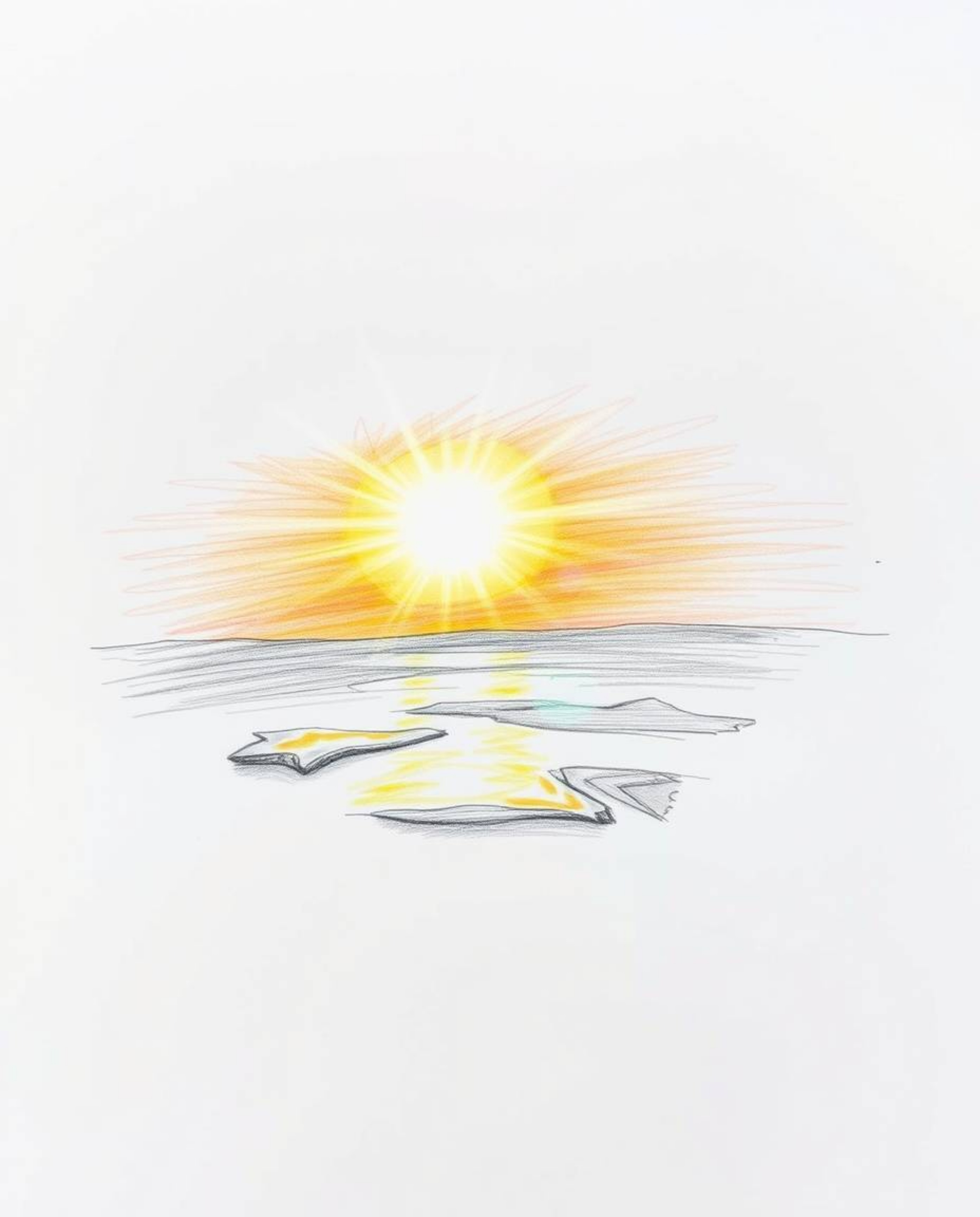 This is a hand-drawn sketch capturing a sunset sky mirrored in tidal pools on a beach. The artwork is characterized by rough 