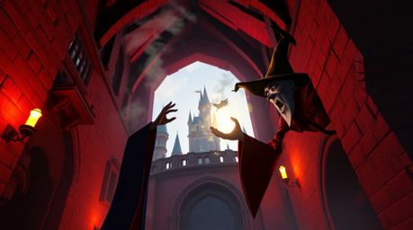 A captivating high-angle photograph showcases a classic Disney villain immersed in the act of casting a spell within the aged