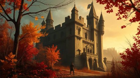 A thief navigates the challenge of infiltrating a heavily guarded castle, set against the backdrop of warm autumn colors. The