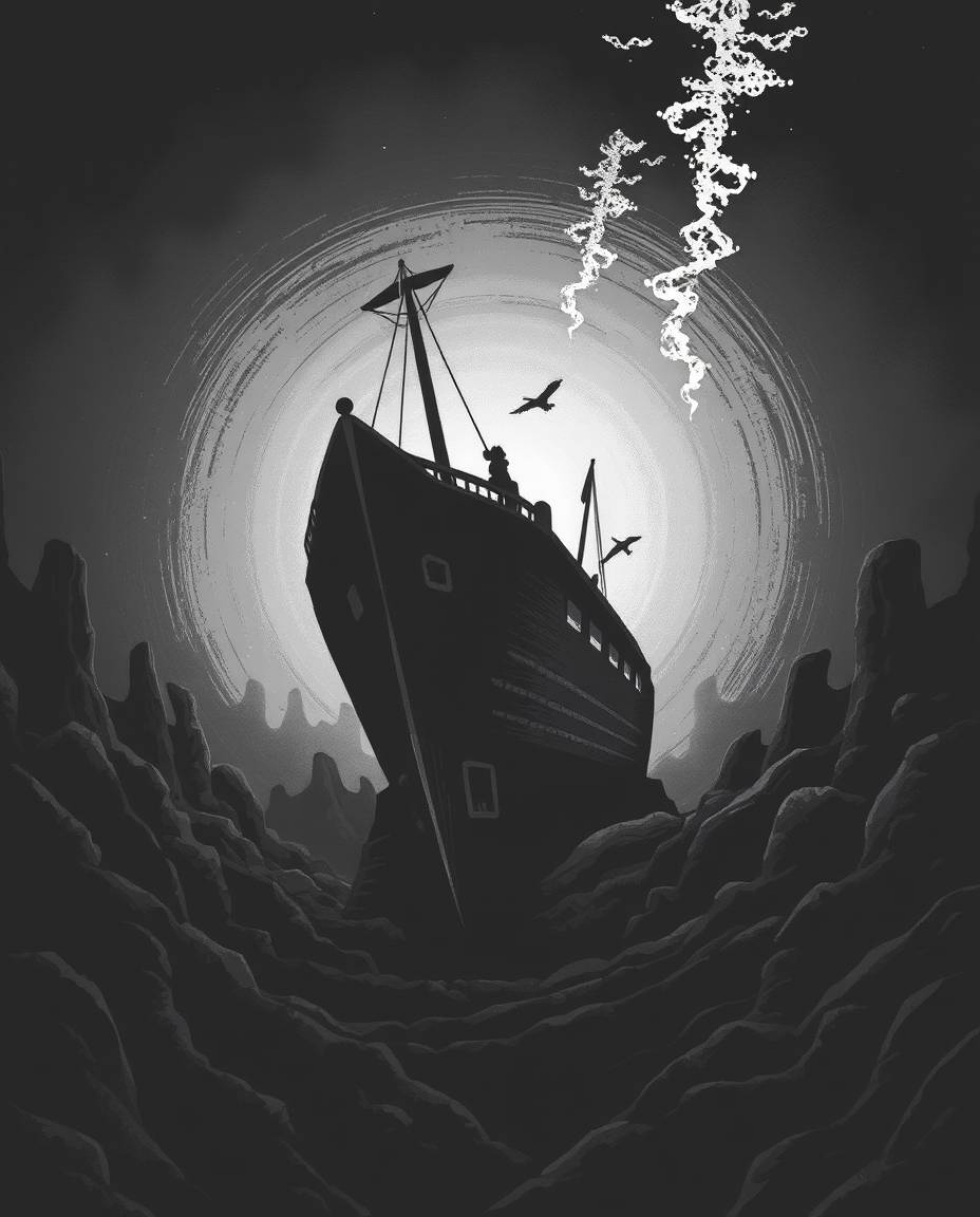 A captivating classic black and white illustration depicts an elegant and timeless shipwreck illuminated in the depths of the