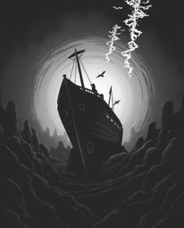 A captivating classic black and white illustration depicts an elegant and timeless shipwreck illuminated in the depths of the