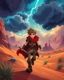 Embark on a thrilling Disney-style desert adventure featuring a brave hero facing intense dramatic weather. This artwork boas