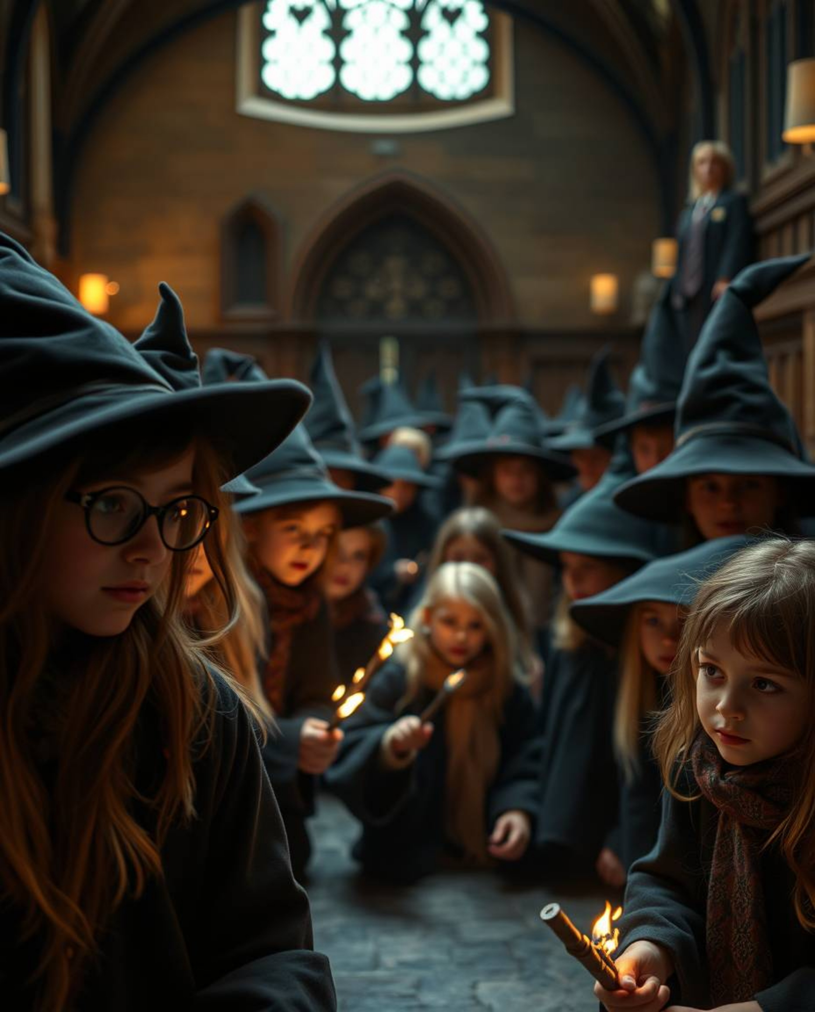 This series showcases a tight close-up, fine art photograph of a magical school bustling with young wizards. Exhibiting warm,