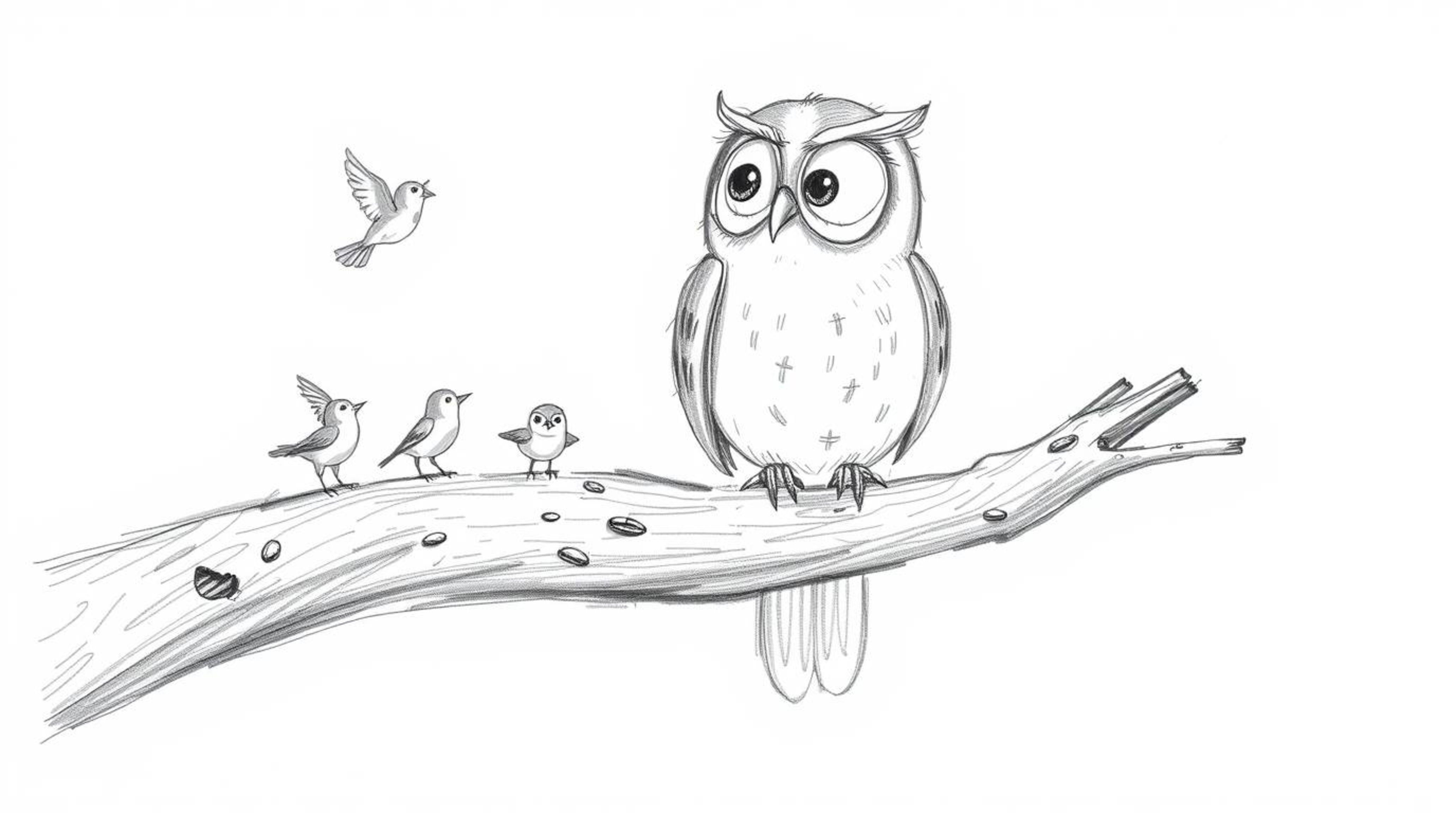 A hand-drawn sketch inspired by Pixar's style portrays a gentle, blind owl perched on a textured, hollow branch. Small birds 