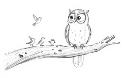 A hand-drawn sketch inspired by Pixar's style portrays a gentle, blind owl perched on a textured, hollow branch. Small birds 