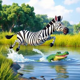 A vibrant 3D cartoon scene depicts a playful zebra with distinctive black and white stripes leaping from a lush jungle riverb