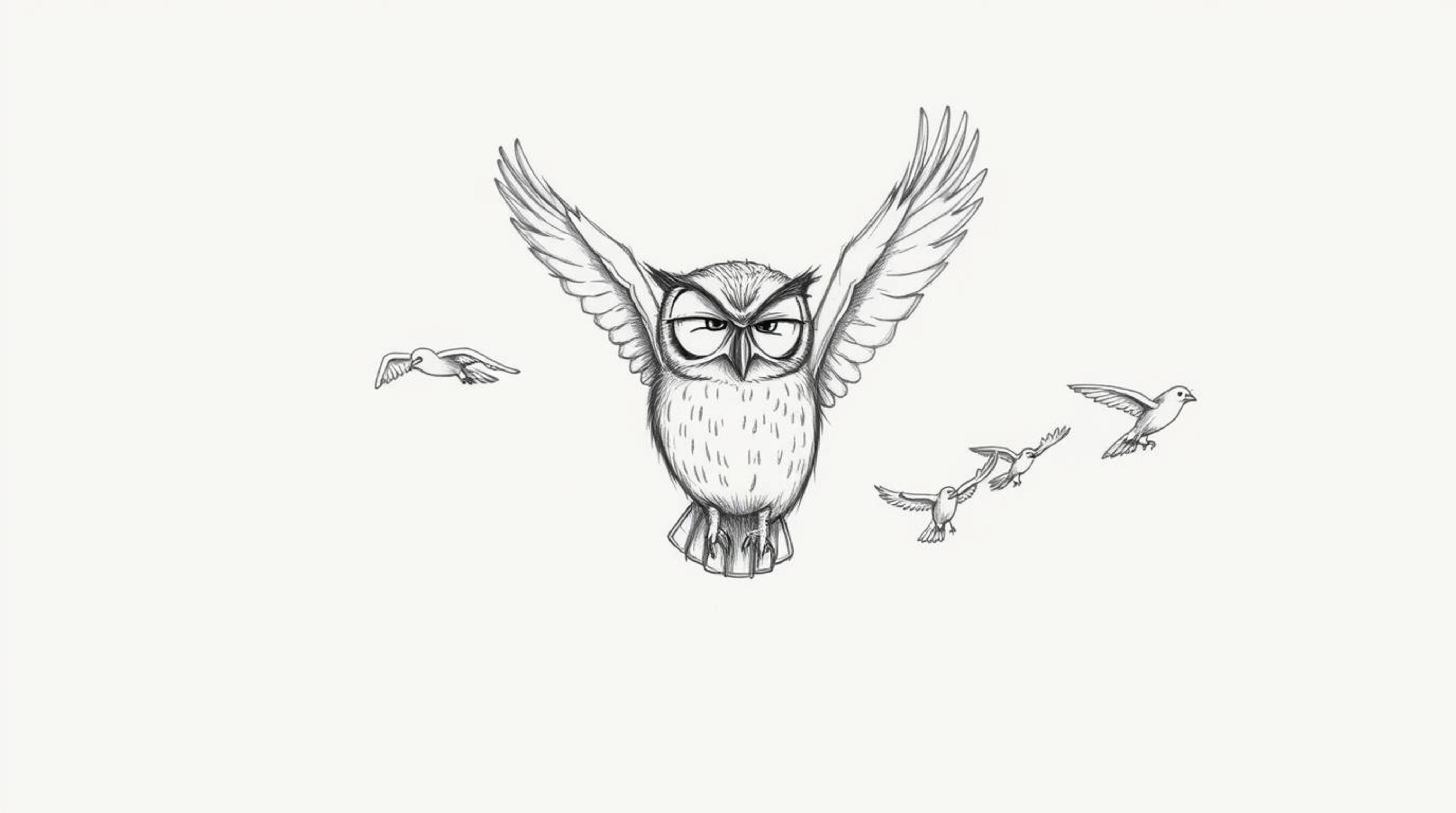 A captivating hand-drawn pencil sketch depicts a blind owl, reimagined in Pixar style, with closed, large, and expressive eye