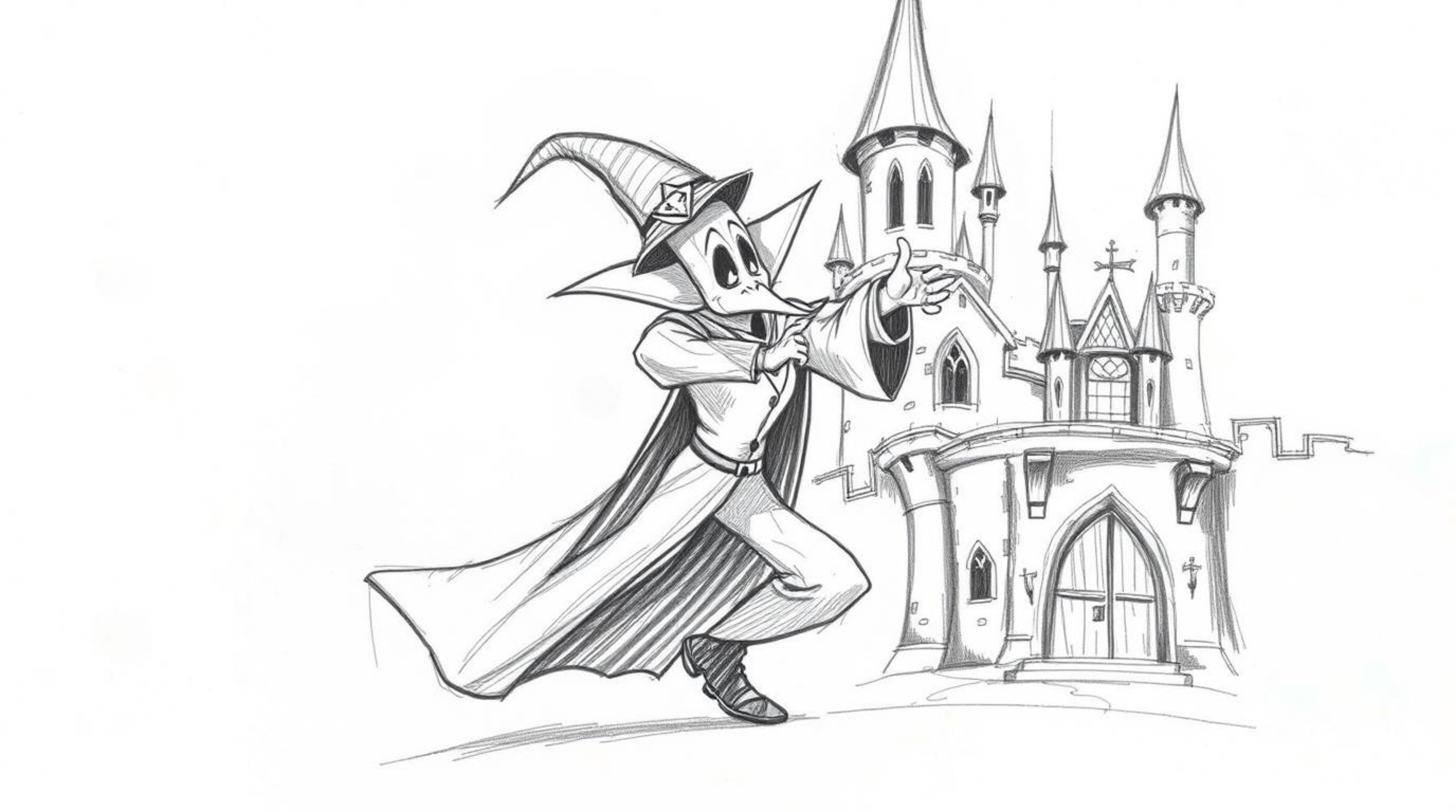 A dynamic hand-drawn pencil sketch depicts a classic Disney villain in motion, casting a spell within an old castle.  The art