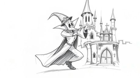 A dynamic hand-drawn pencil sketch depicts a classic Disney villain in motion, casting a spell within an old castle.  The art