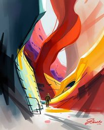 A vibrant digital sketch showcasing colorful 3D fluid shapes intertwined with geometric forms in an abstract composition.  Lo
