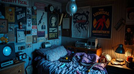 A dramatically lit cinematic scene depicting a messy bedroom filled with strange gadgets and posters crafted from layered pap