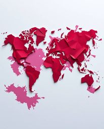 This artwork features a sophisticated and elegant aesthetic, showcasing an intricate origami-style world map. Splashes of ric
