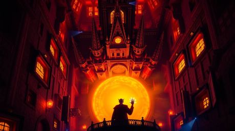 An overhead shot depicts a classic Disney villain casting a mesmerizing bioluminescent spell within an ancient castle. Vibra