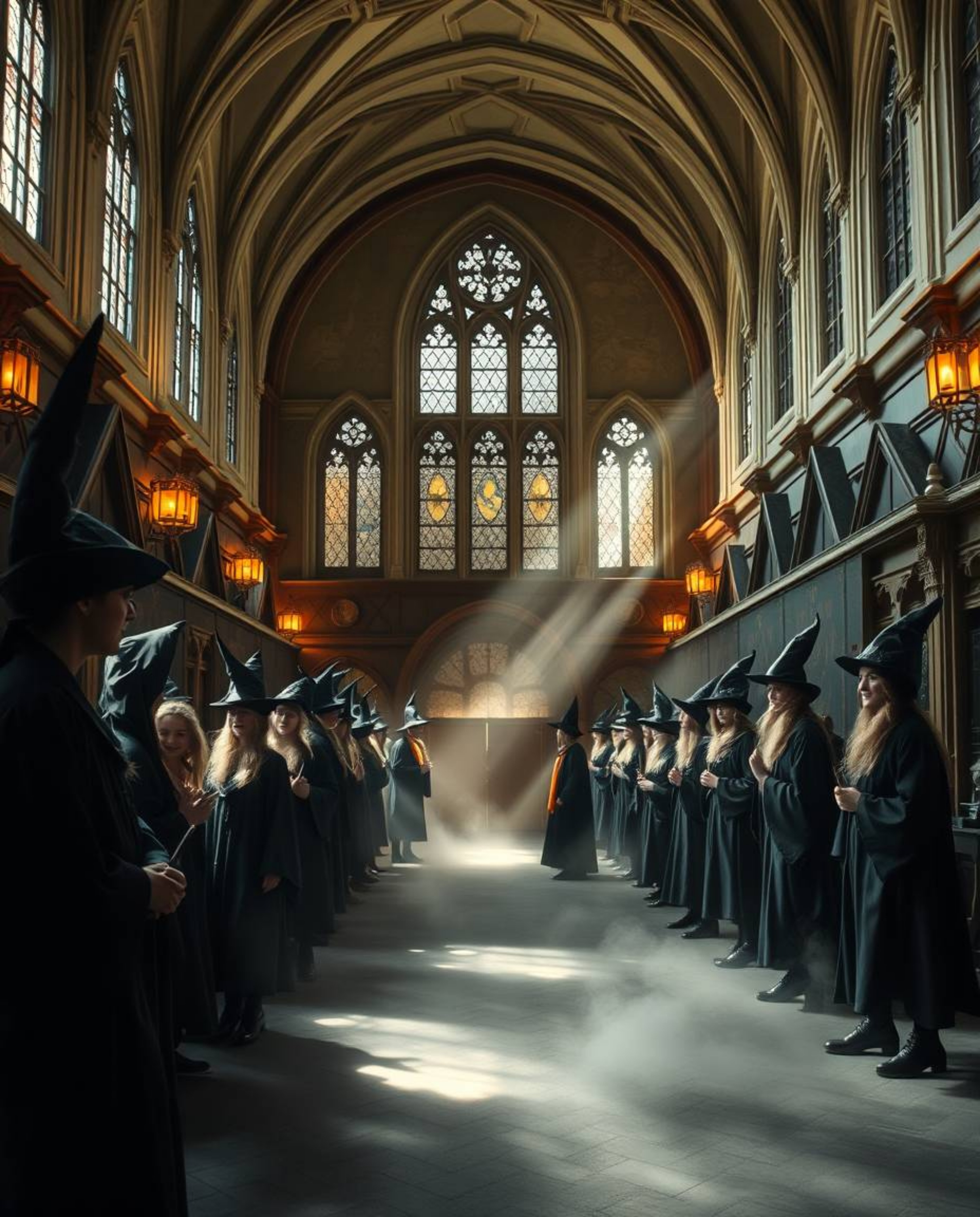 Discover a breathtaking magical school brimming with young wizards, illuminated by stunning volumetric lighting.  Experience 