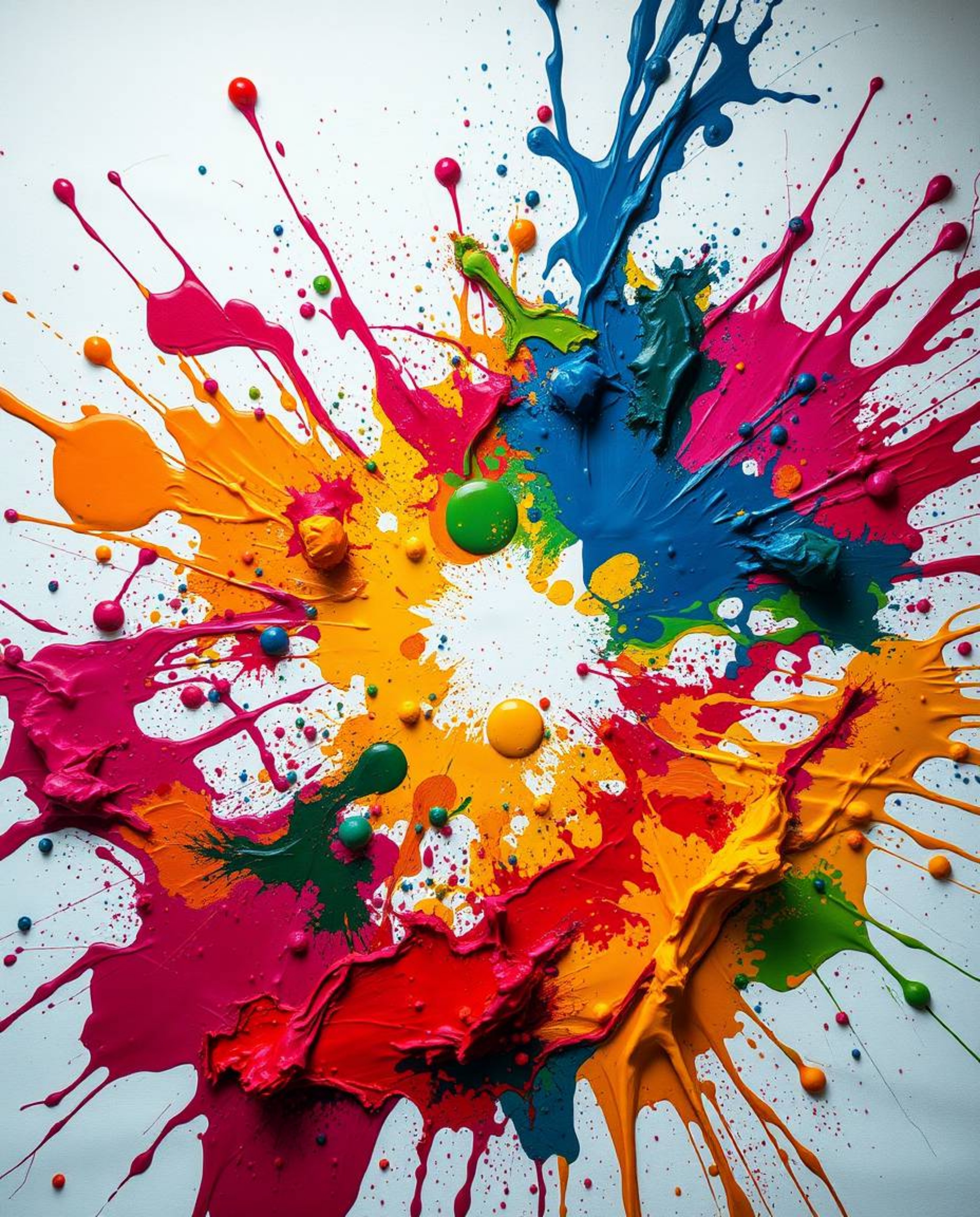 Experience the vibrant energy of abstract art with this high-detail depiction of a colorful paint explosion on a white canvas