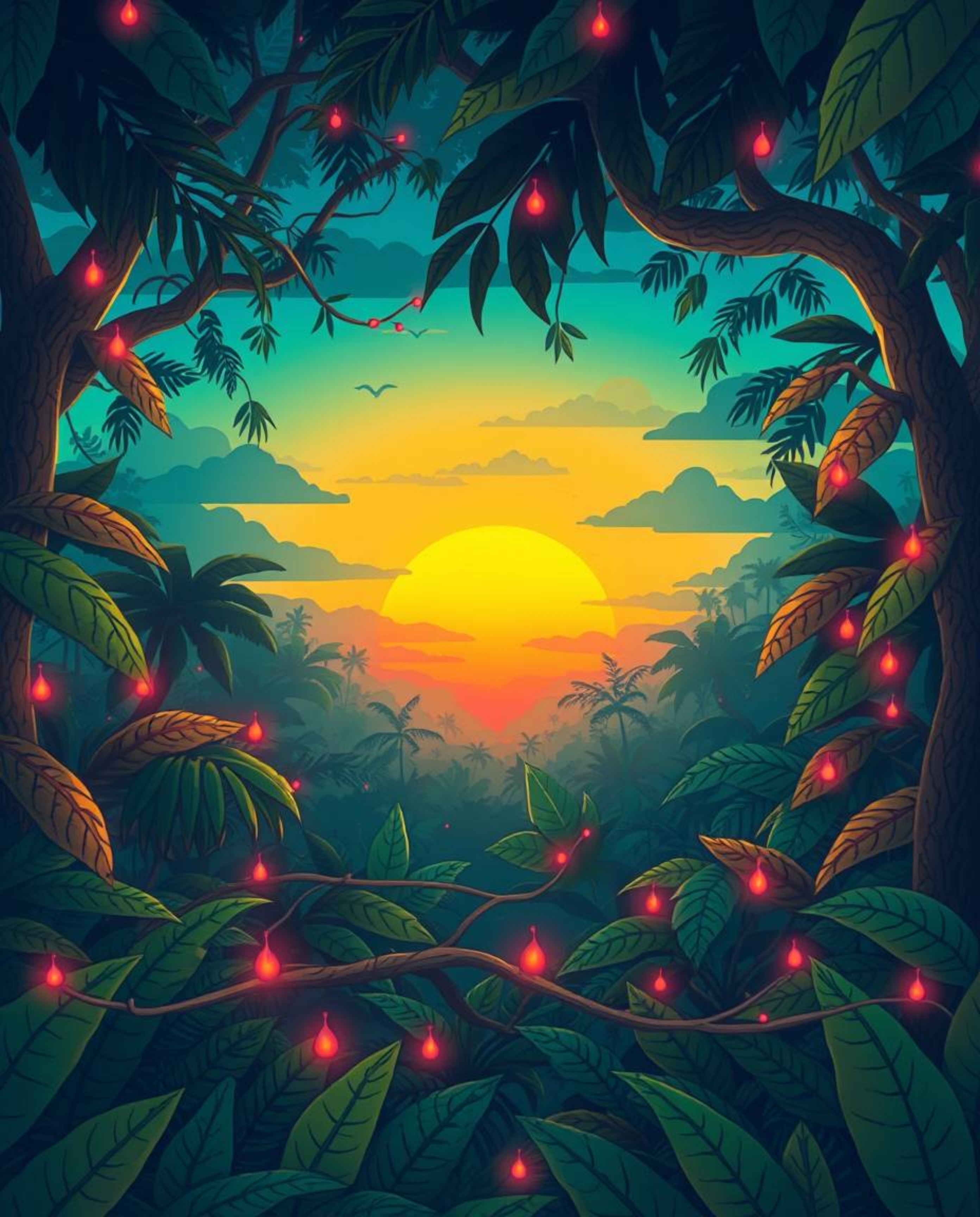 A charming and adorable illustration capturing a sunset through a dense jungle canopy. This enchanting artwork glows with vib