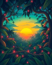 A charming and adorable illustration capturing a sunset through a dense jungle canopy. This enchanting artwork glows with vib