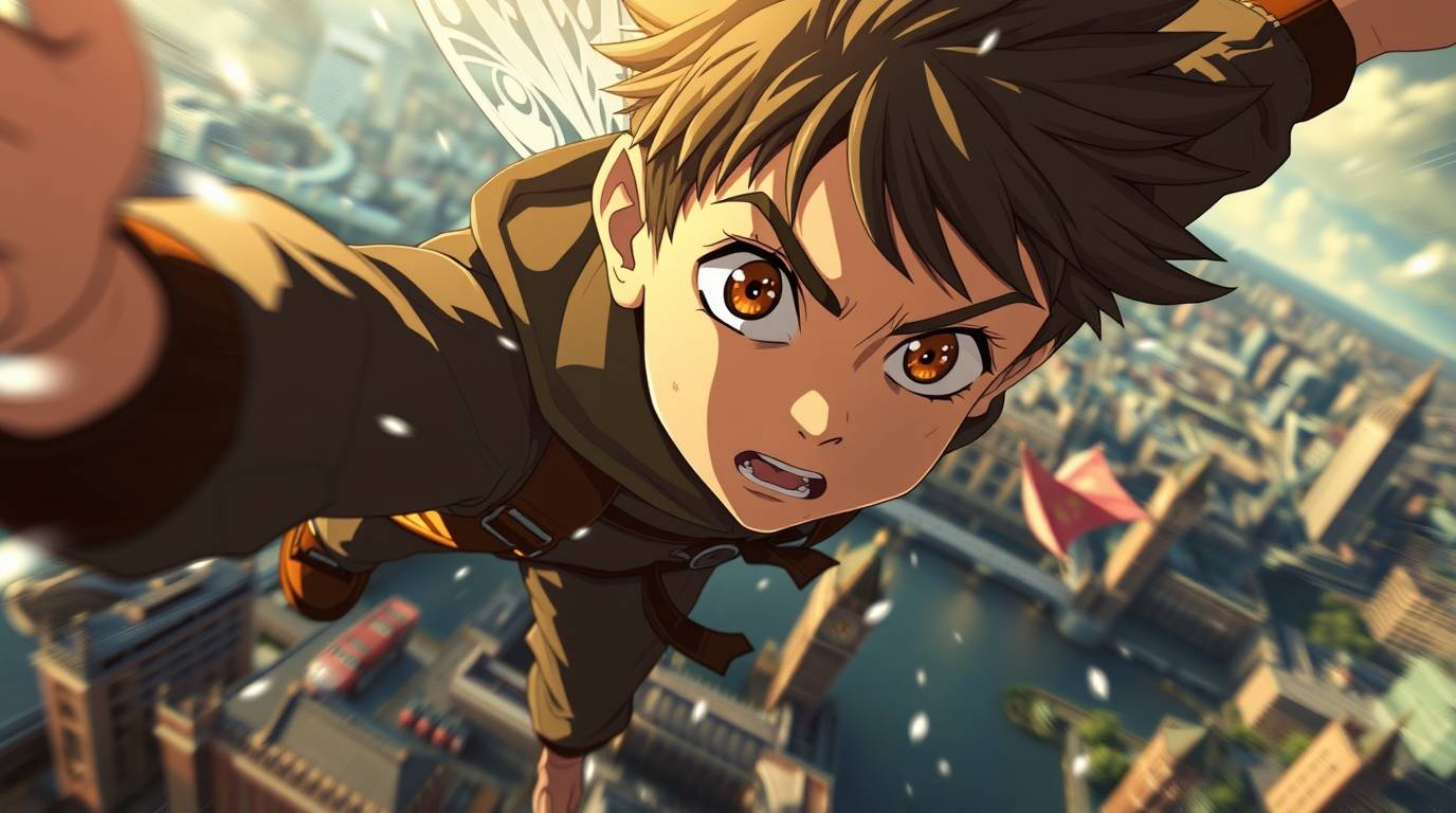 A young boy, imbued with extraordinary abilities in an isekai style, takes flight above the bustling city of London. Bathed i