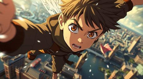 A young boy, imbued with extraordinary abilities in an isekai style, takes flight above the bustling city of London. Bathed i