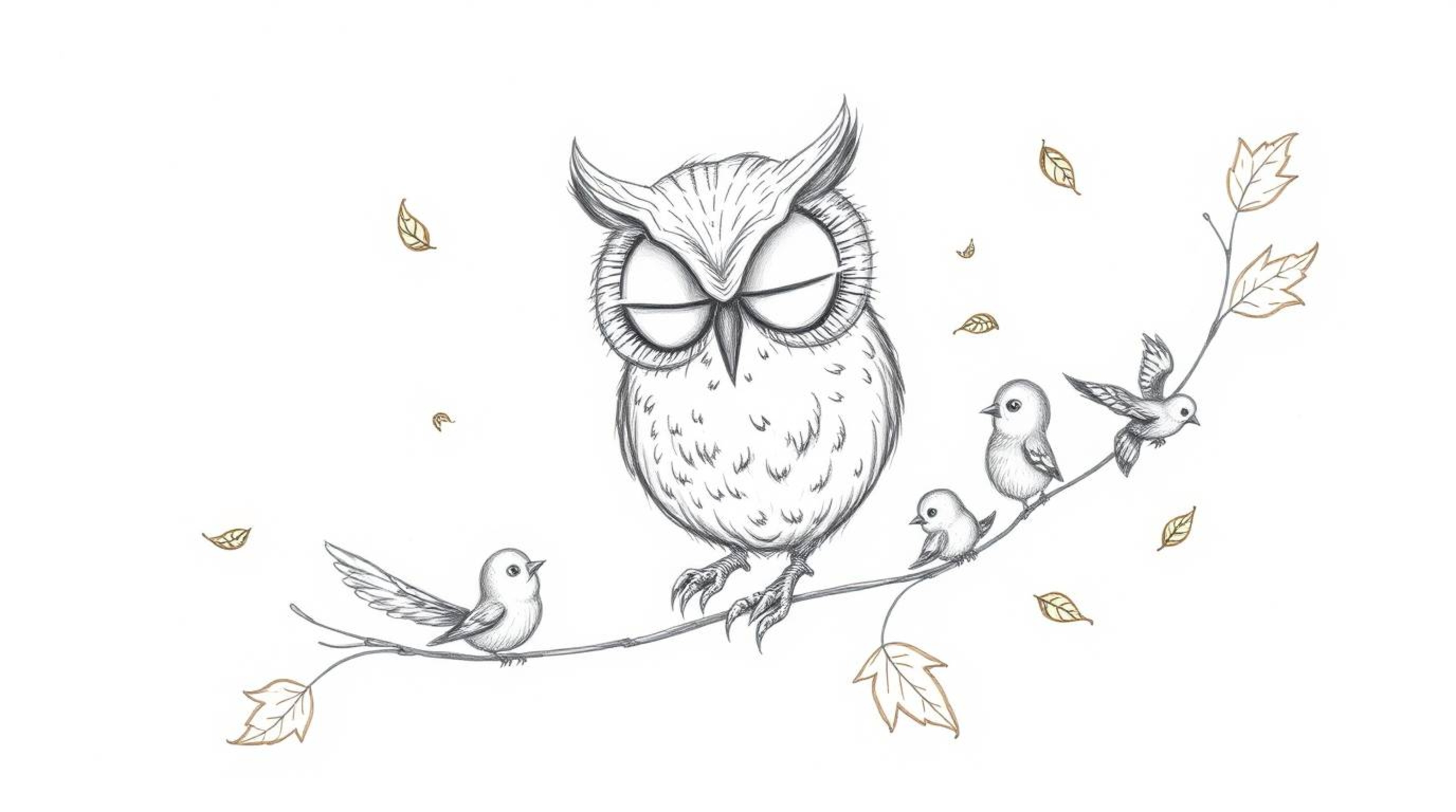 A heartwarming, hand-drawn pencil sketch in the style of Pixar, showcasing a blind owl with large, slightly downturned eyes. 