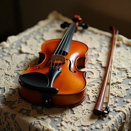 A beautifully composed still life featuring a richly polished, dark-brown wooden violin with intricate carvings resting on a 