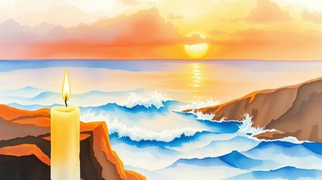 Experience the serene beauty of a sunset over dramatic cliffs, captured in delicate watercolor washes and warm candlelight. T