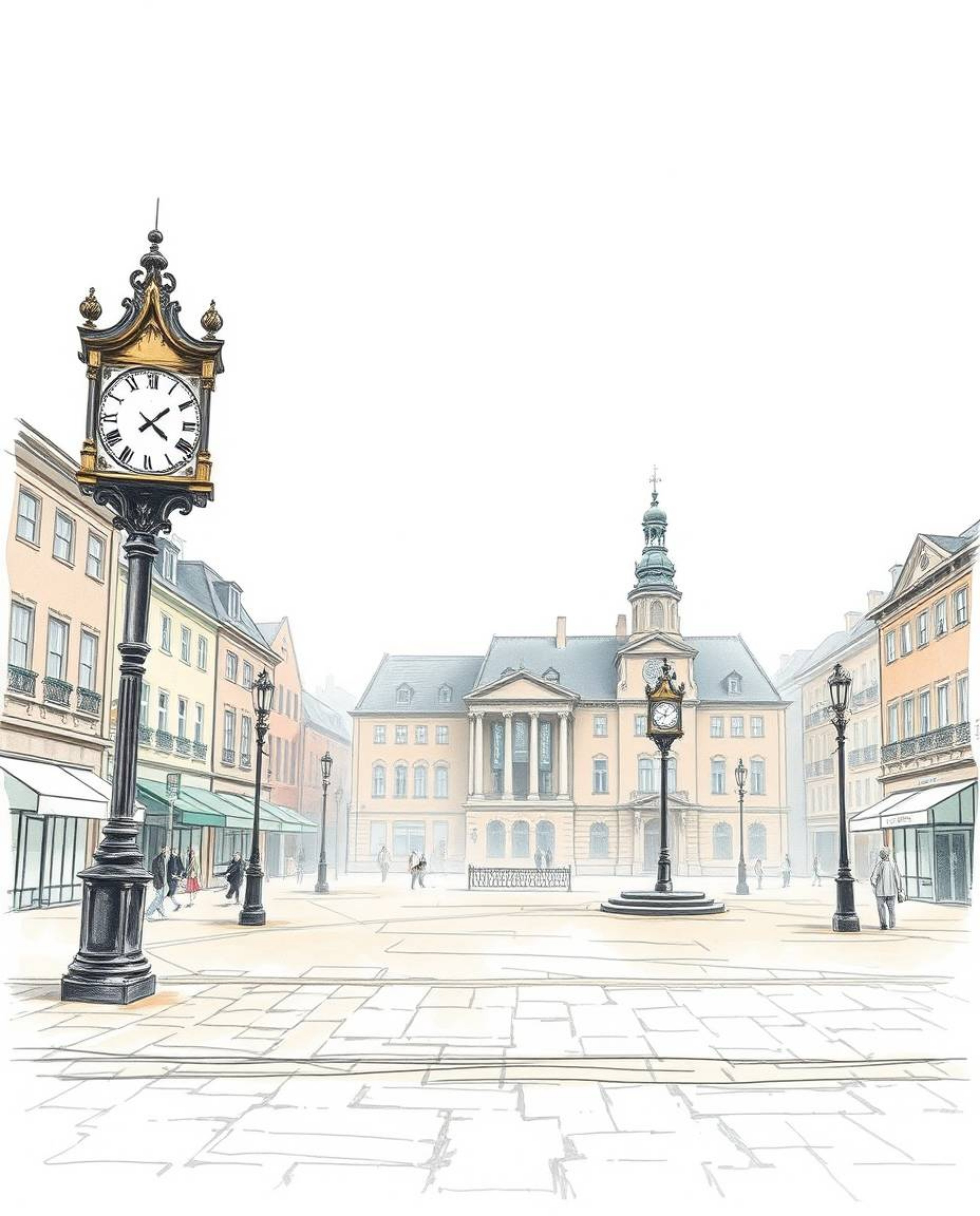 A hand-drawn sketch in a color sketchnote style depicts an empty town square with ticking clocks, shrouded in soft focus and 