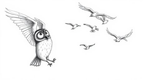 A heartwarming hand-drawn sketch, reminiscent of Pixar's style, depicts a blind owl with captivating, expressive eyes. This u