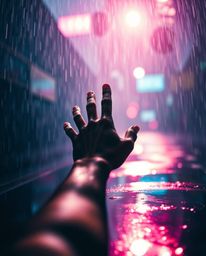 A captivating image depicts a hand reaching towards a radiant light source emerging from a dark, rainy scene.  Reflective sur