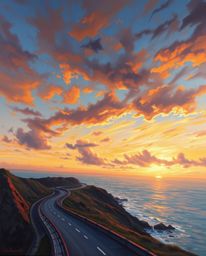 This oil painting captures a sunset sky over a winding coastal highway, distinguished by its cinematic composition and lighti