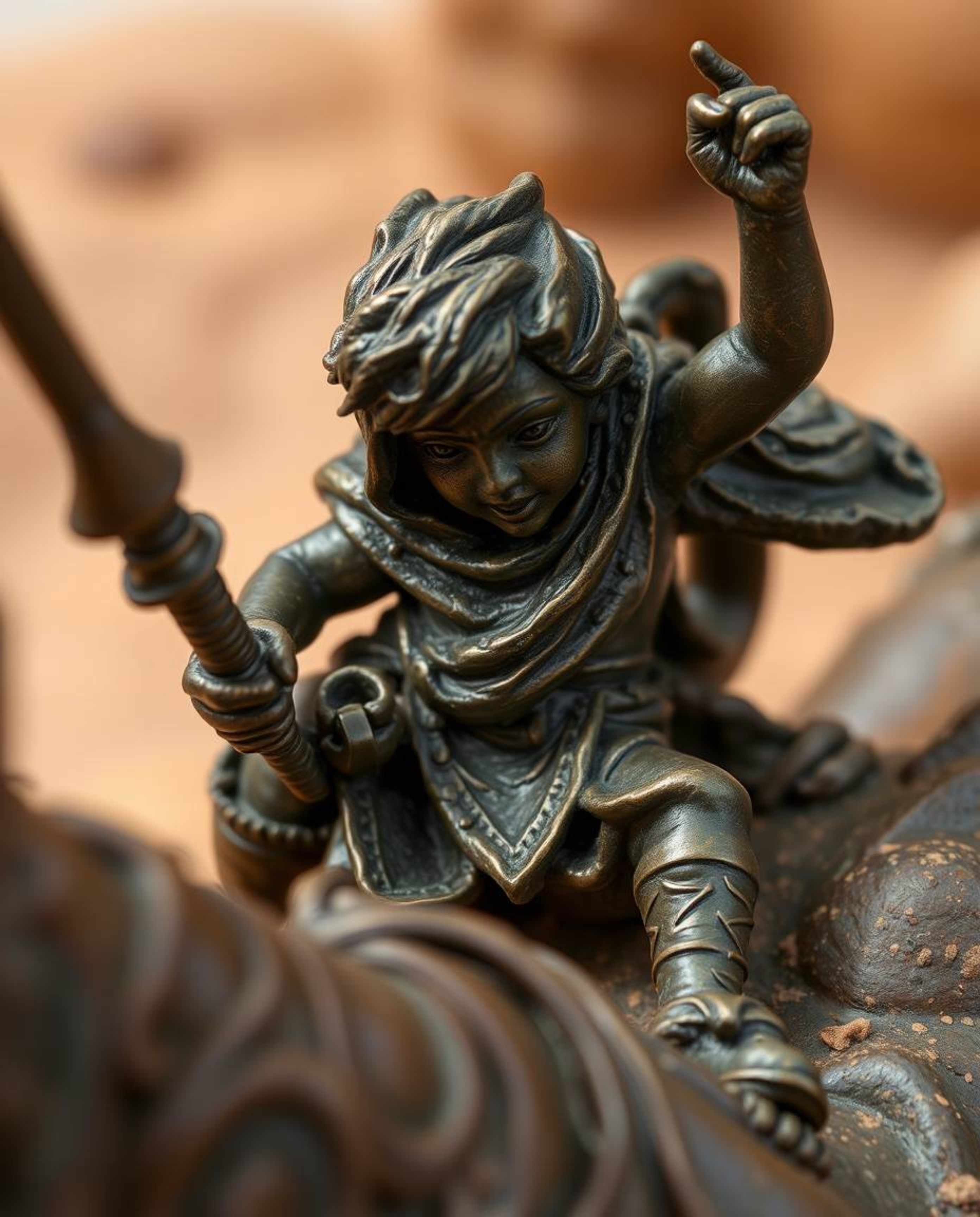 This cast bronze sculpture showcases an extreme macro close-up of a brave hero embarking on a Disney-style desert adventure. 