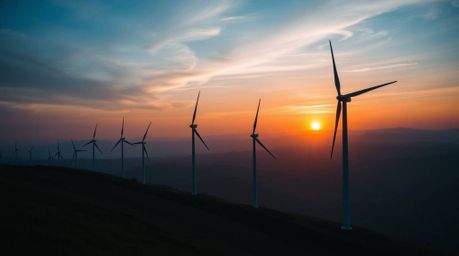 A stunning high-resolution stock photo captures a breathtaking sunset behind a row of wind turbines perched atop a hill.  The