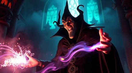 A captivating 16:9 rendering showcases a classic Disney villain casting a spell within a majestic castle.  Volumetric lightin