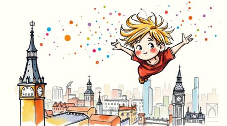 A vibrant hand-drawn sketchnote depicts a freckled boy with messy hair joyfully flying above London, sprinkled with multicolo