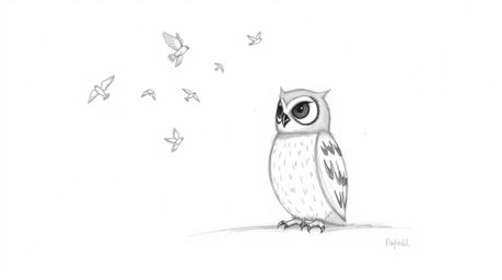 A hand-drawn sketch, reminiscent of Pixar animation, portrays a blind owl with gentle pencil textures against a stark white b