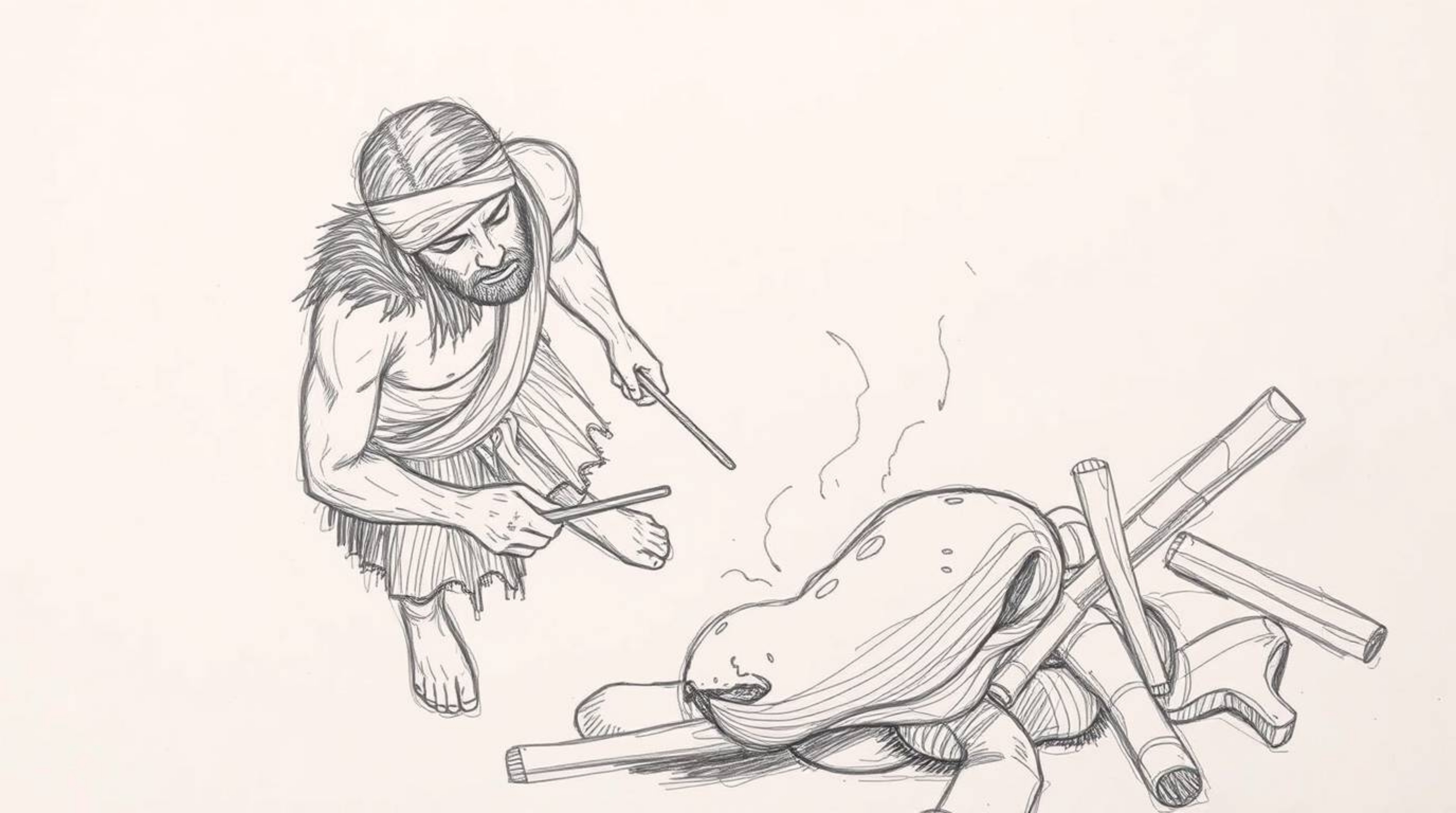 This high-angle, hand-drawn sketch depicts a caveman cooking mammoth meat. The artwork features rough lines and textured penc