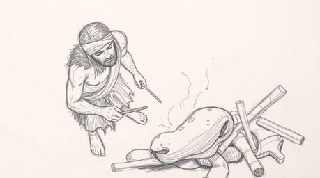 This high-angle, hand-drawn sketch depicts a caveman cooking mammoth meat. The artwork features rough lines and textured penc