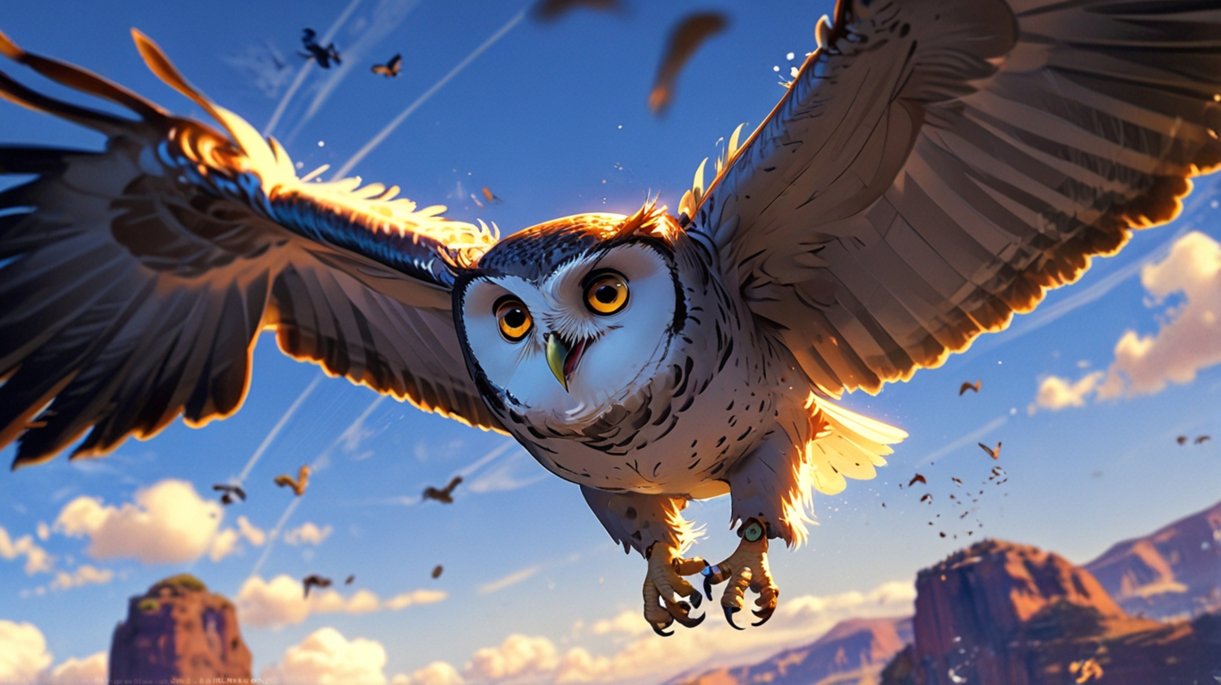 In a beautifully graceful and enchanting scene, created in a captivating blend of Pixar and anime styles, a wise blind owl is