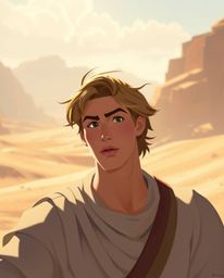 Embark on a captivating desert adventure with a brave and elegant hero, rendered in soft pastel colors. This Disney-style ar
